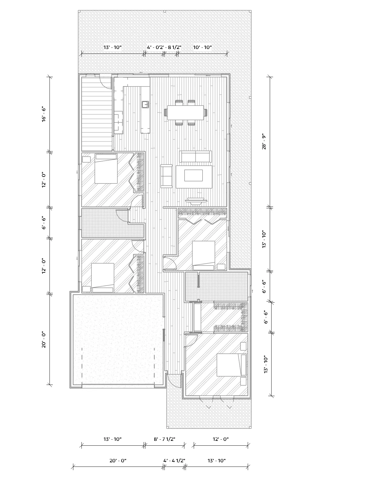 Dimensioned floor plan of a three-bedroom house, showing room layout, door swings, and overall dimension strings on all four sides.